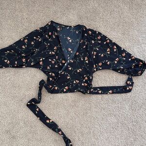 Aqua Navy Floral Wrap Blouse with Coral and Green Accent